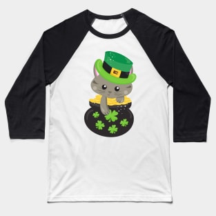 Saint Patrick's Day Cat, Clovers, Pot Of Gold Baseball T-Shirt